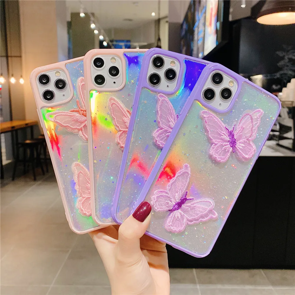 

Lovely 3D Butterfly Case for iPhone 12 mini 11 Pro Max XR X XS Max 7 8 Plus SE 2020 Laser Cover Clear Glitter Bumper Phone Coque