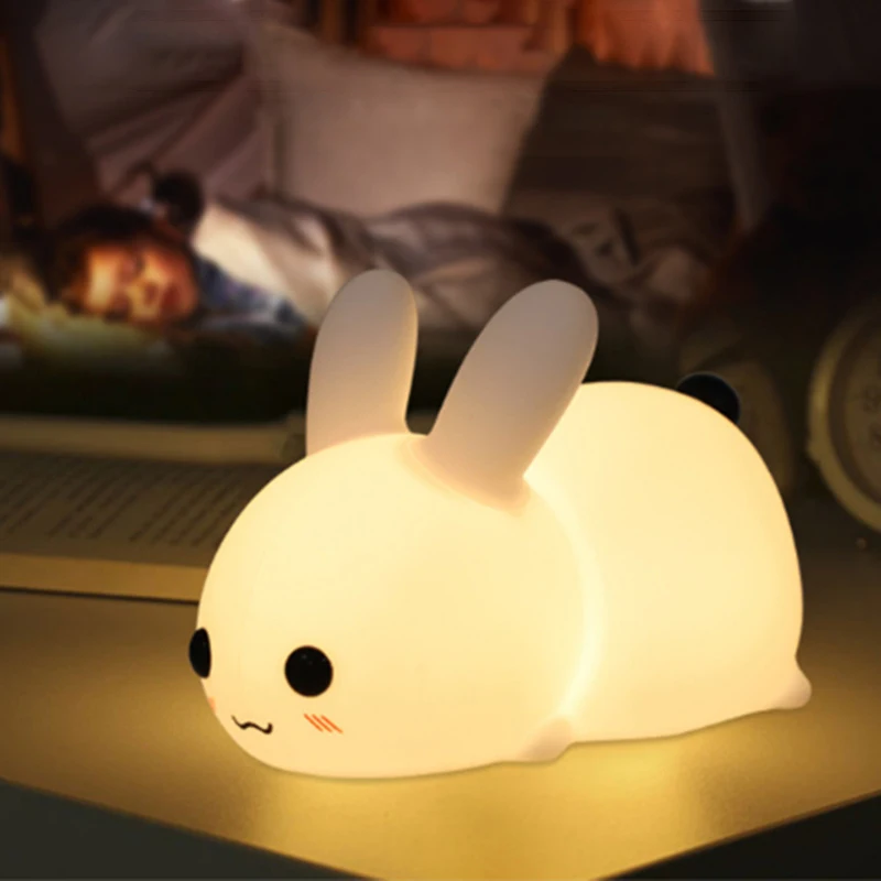 LED silicone rabbit night light USB charging double-color dimming patting lamp creative gifts cartoon children's | Лампы и