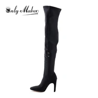 onlymaker womens stretchy square heel chunky block heel overknee thigh high sexy black lycra size zipper black ladies boots