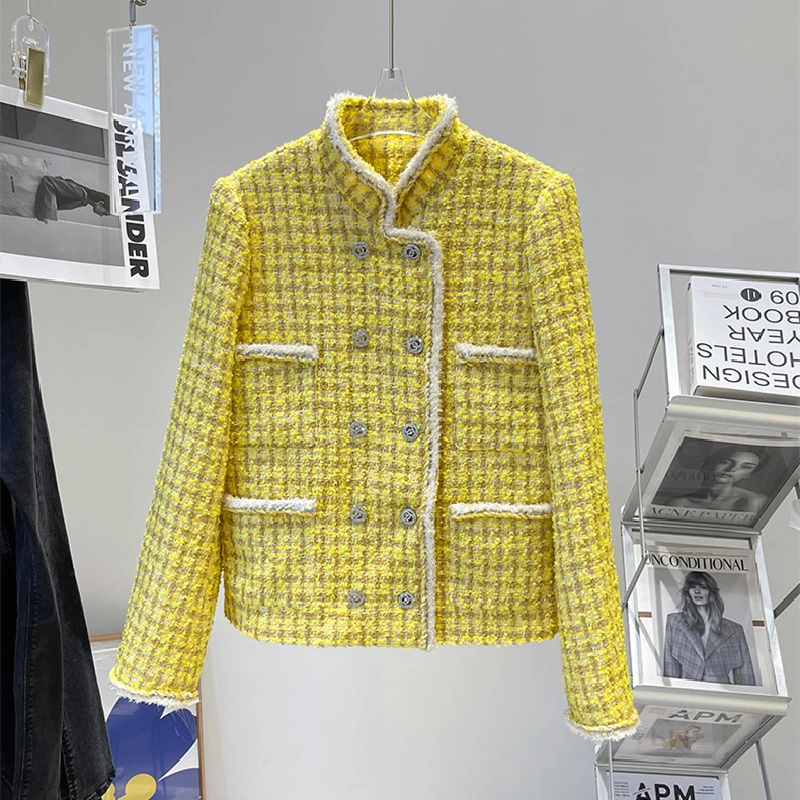 

High Quality Fashion Women Autumn Winter Vintag Elegant Ladies Temperament Stand-Up Collar Double-Breasted Tweed Short Jacket