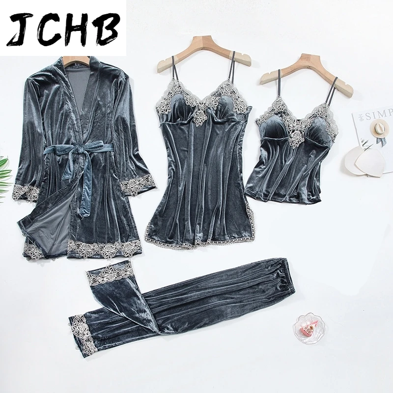 

JCHB Oversized Women's Autumn Winter Golden Velvet Pajama Set with Lace Solid Homewear 2021 Vintage Sexy Nightdress Female Sleep