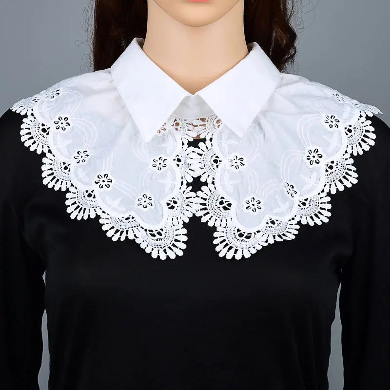 

Korean Women White Ruffle Lace Fake Collar Organza Flowers Embroidery Hollow Shawl Winter Sweater Shirt Decorated Warm Scarf T2