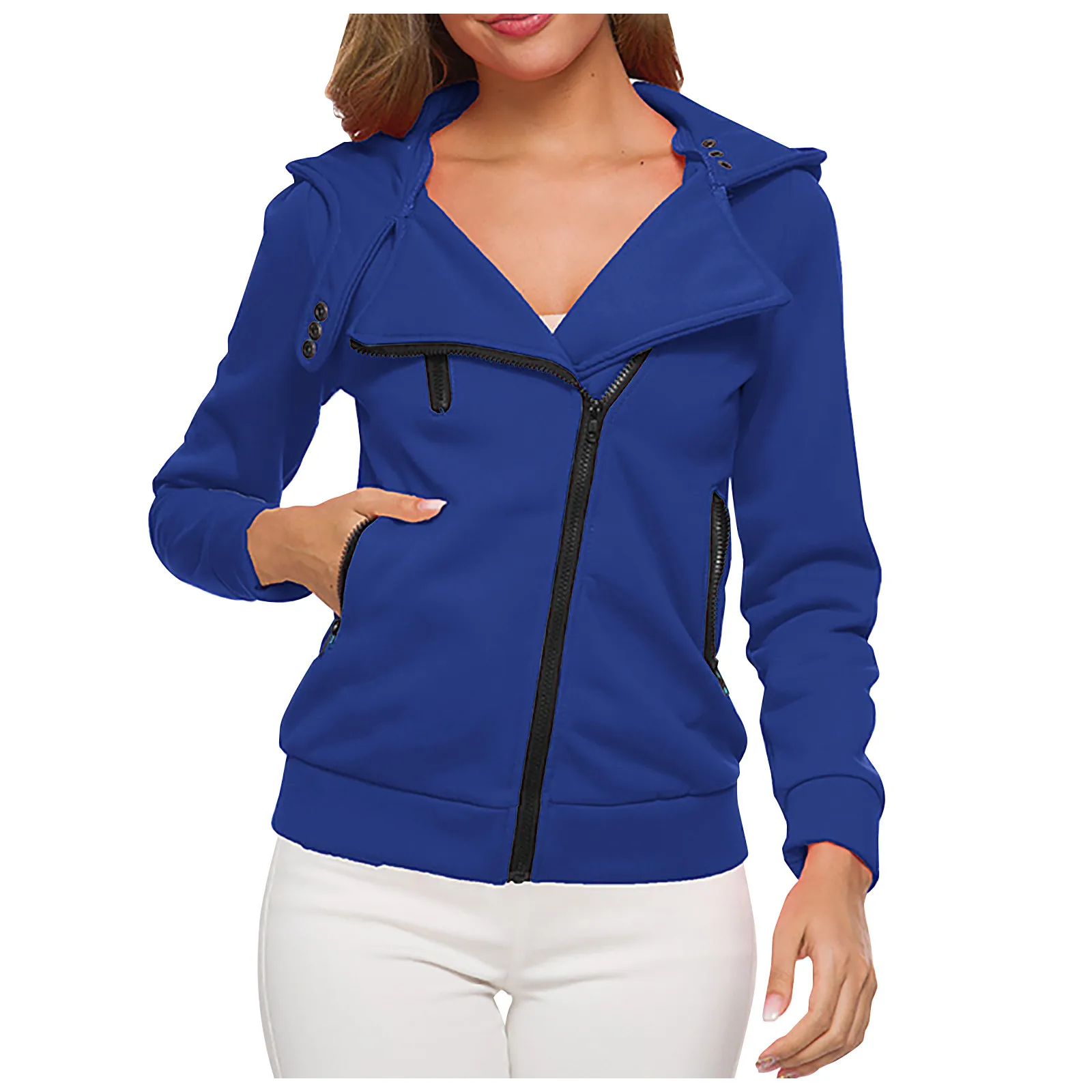 

Oblique-zipper Plus Size Solid Color Hoodies Women's Casual Loose Long-sleeved Pocket Plus Sweatshirts Sudaderas Con Capucha