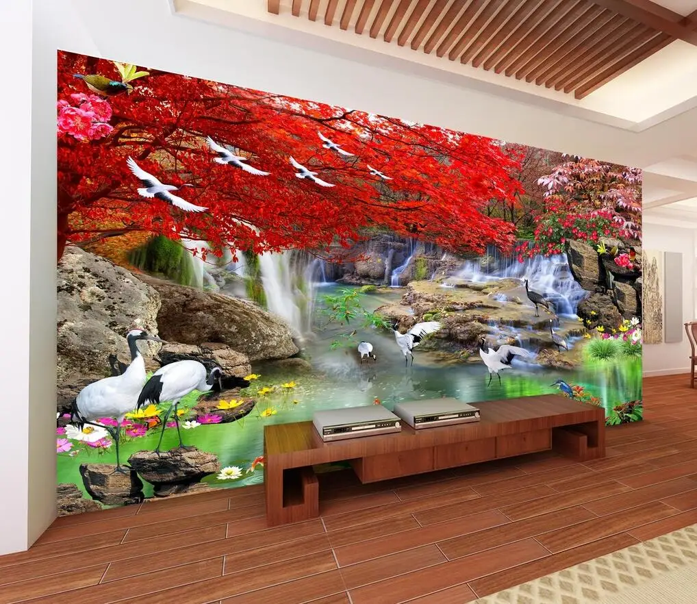 

beibehang custom papel de pared 3d mural wallpapers photo bedroom decor Maple tree stream water scenery wallpapers living room