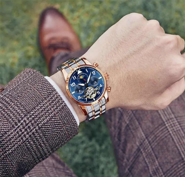 Многофункциональные часы tourbillon для мужчин люксовый бренд Moon фазный Автоматический Механические часы полый маховик мужские часы новые