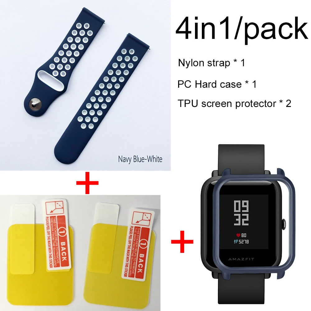 Navy blue White-Navy 4в1 для Xiaomi Huami Amazfit ремешок Bip мягкий спортивный браслет из силикона Smartwatch Браслет с PC чехол Защита экрана - Цвет: Navy blue White-Navy