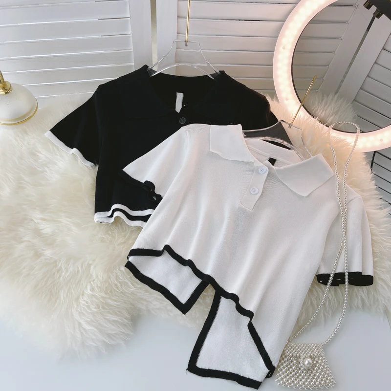 

Женская Асимметричная трикотажная блузка с отложным воротником и коротким рукавом