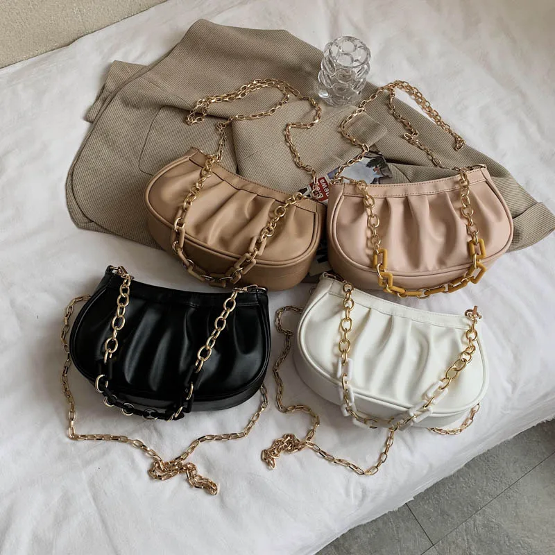 

Chain Dumpling Bags For Women 2021 Branded Designer Baguette Shoulder Bags Beach PU Leather Casual Crossbody Bag Small