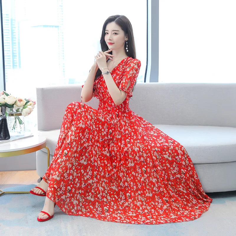 

French dress 2021 new summer women's Korean version of large size autumn red chiffon floral dress