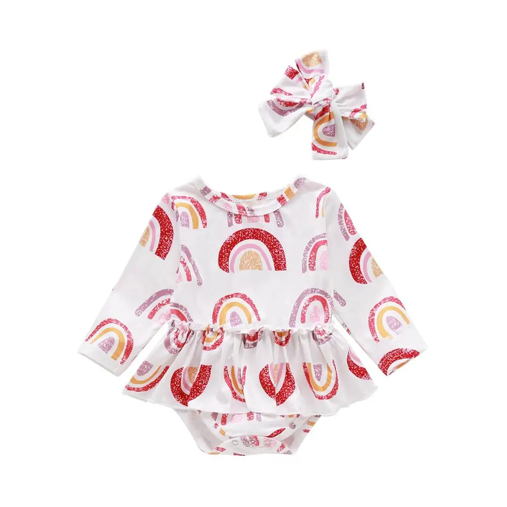 

Infant Baby Girl’s Fashion Rainbow Orange Print Jumpsuits Summer Long-sleeved Triangle Wrapped Romper and Headband 0-18M