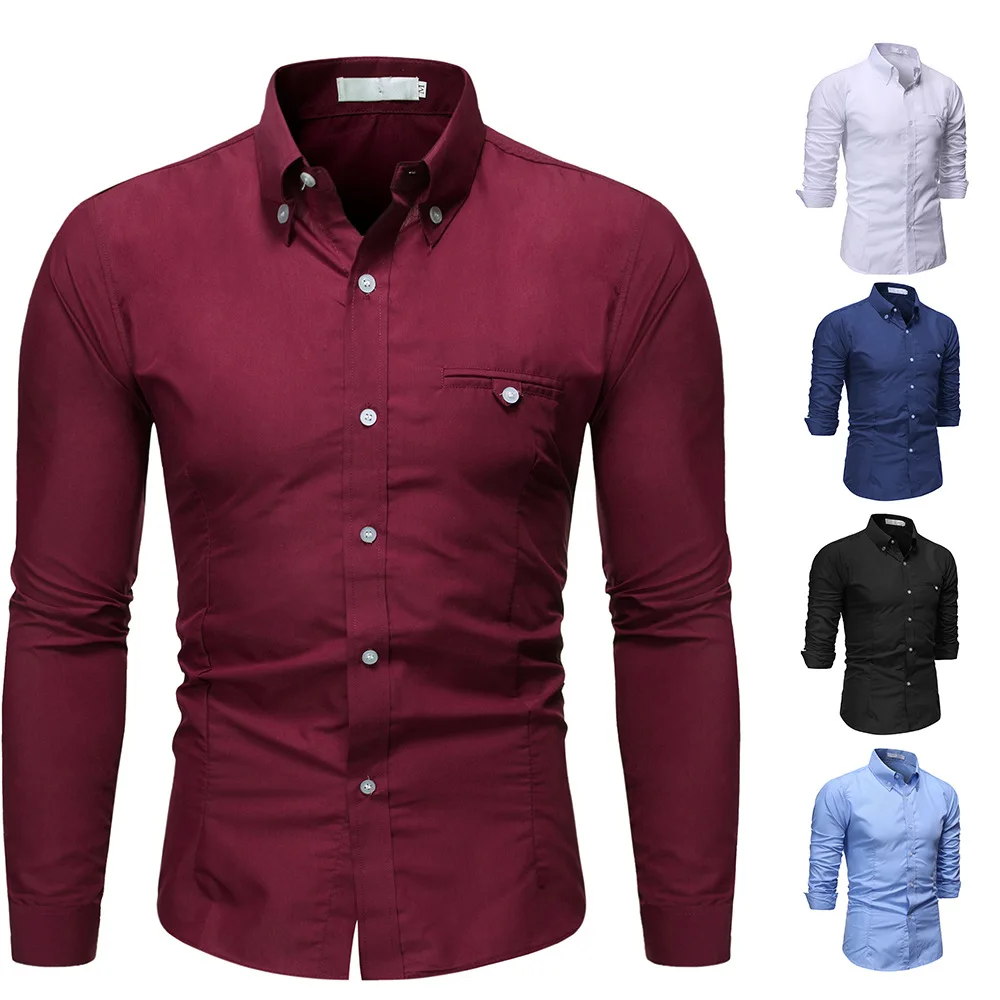 Рубашка мужская приталенная с воротником на пуговицах Повседневная Формальная