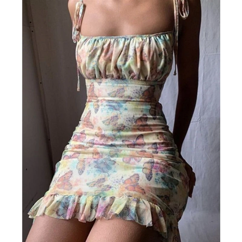 

Women Girls Sling Lace Up Butterfly Print Dress High Waist Skinny Bodycon Square Collar Party Club Sexy Vintage Sweet Mini Dress