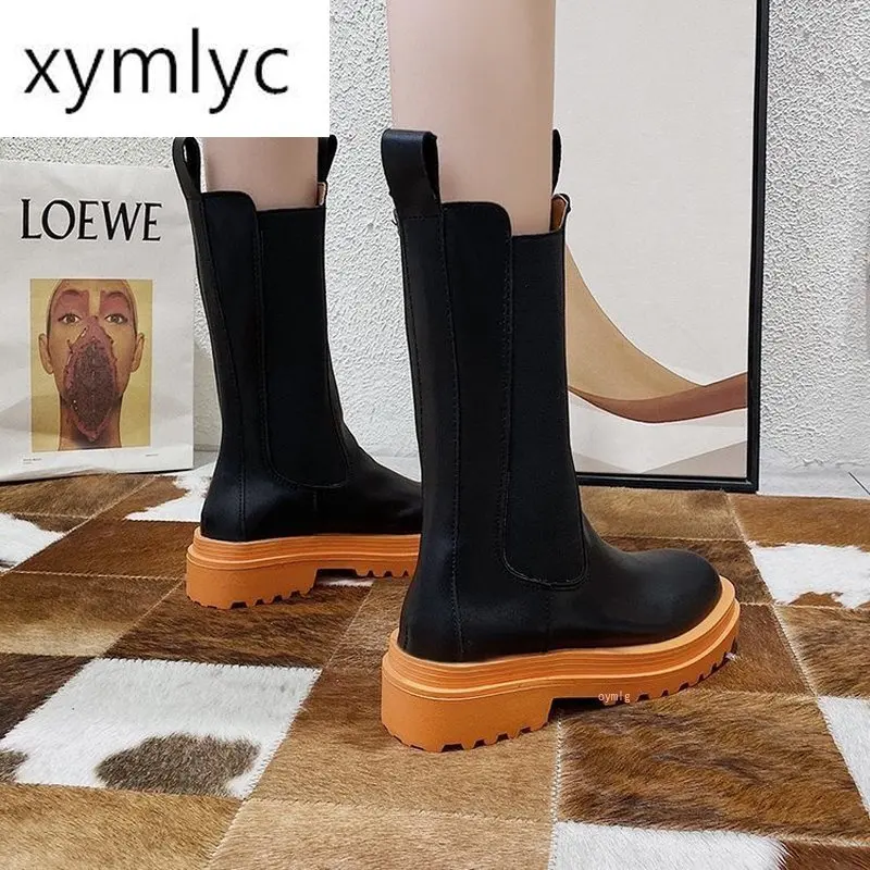 

Autumn Winter high quality Leather Women Boot Round Toe Plat formHeel Mid-Calf Boot Woman Fashion Short Slip-on Motorcycle boot