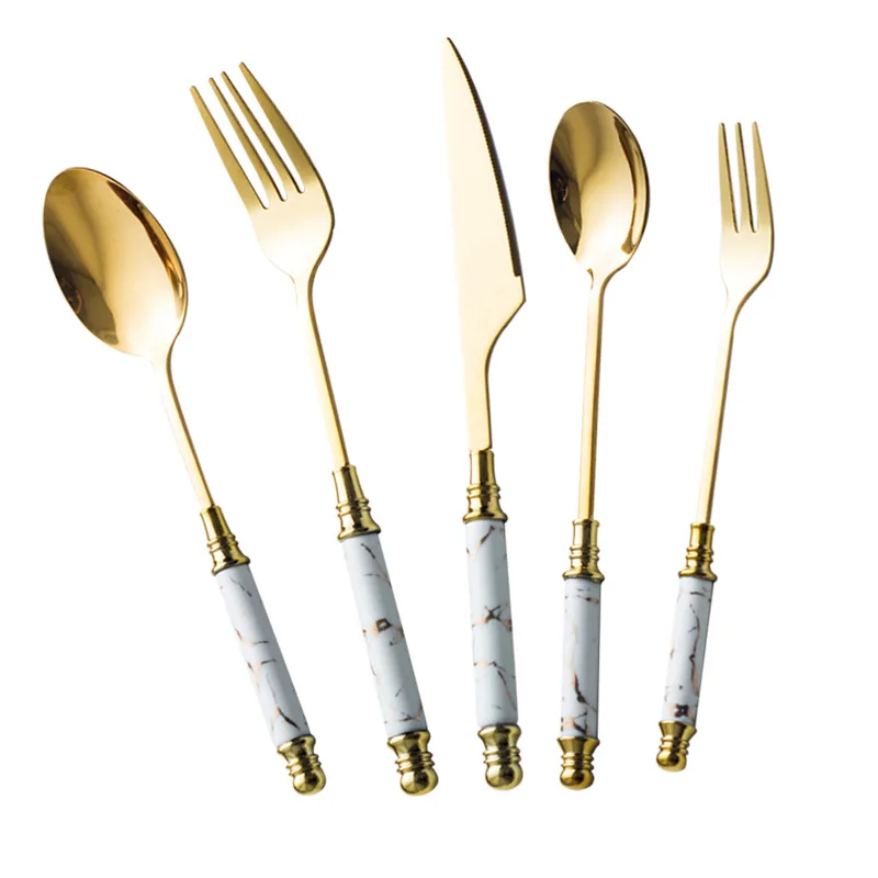 

Ceramic Stainless Steel Cutlery Creative Marble Cutlery Spoon Emerald Stainless Steel Coffee Spoon Fruit Fork Cutlery Set