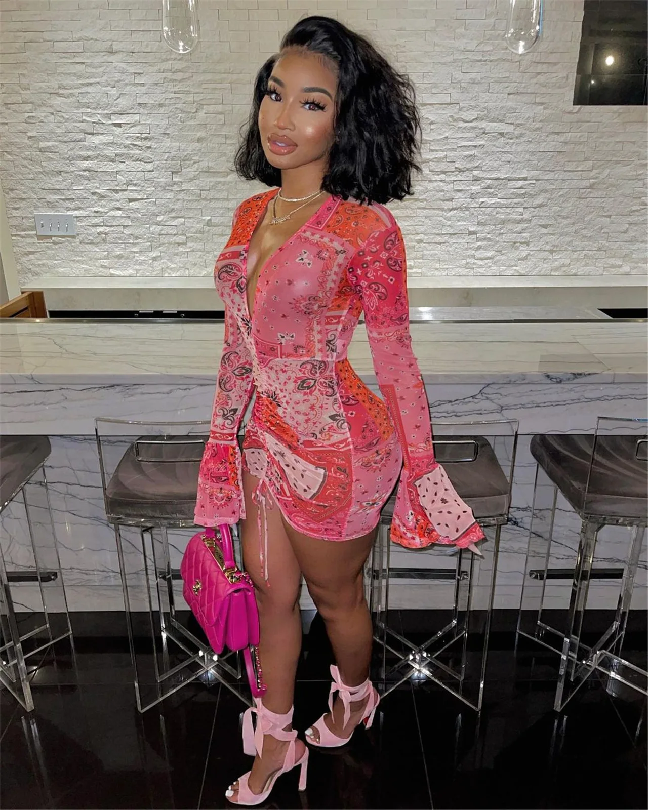 

Pink Bandana Mesh Bodyocn Dress Club Outfits for Women Flared Long Sleeve Deep V Neck Draw String Mini Dress