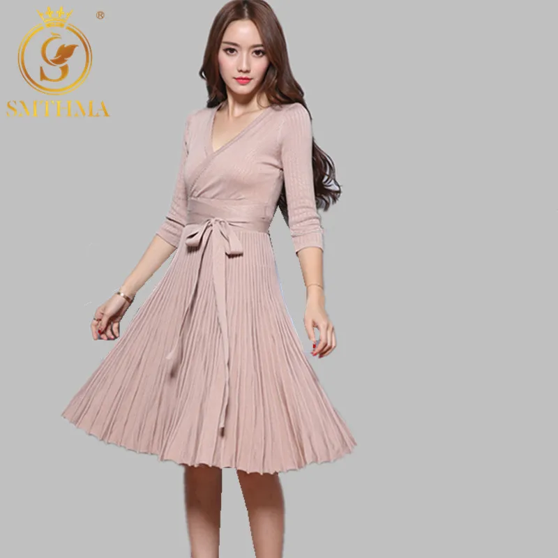 Женское трикотажное платье SMTHMA облегающее повседневное зимнее с v образным