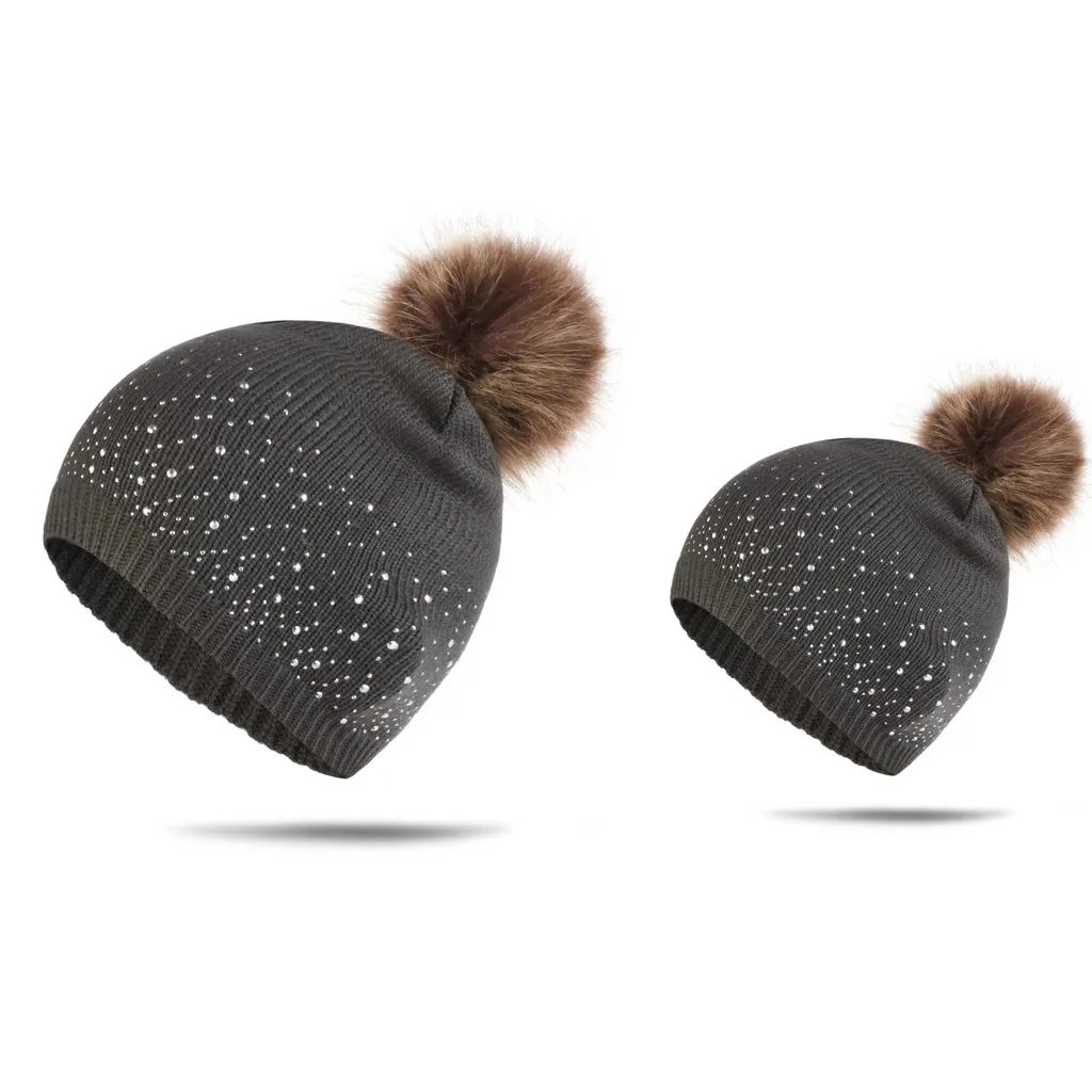 PPXX/детская зимняя шапка с меховым помпоном Семейные комплекты для мамы и дочки