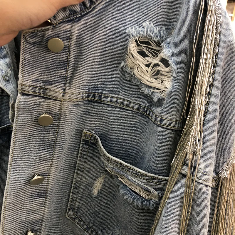 Новая женская осенняя джинсовая куртка для женщин Стразы бриллианты с длинными
