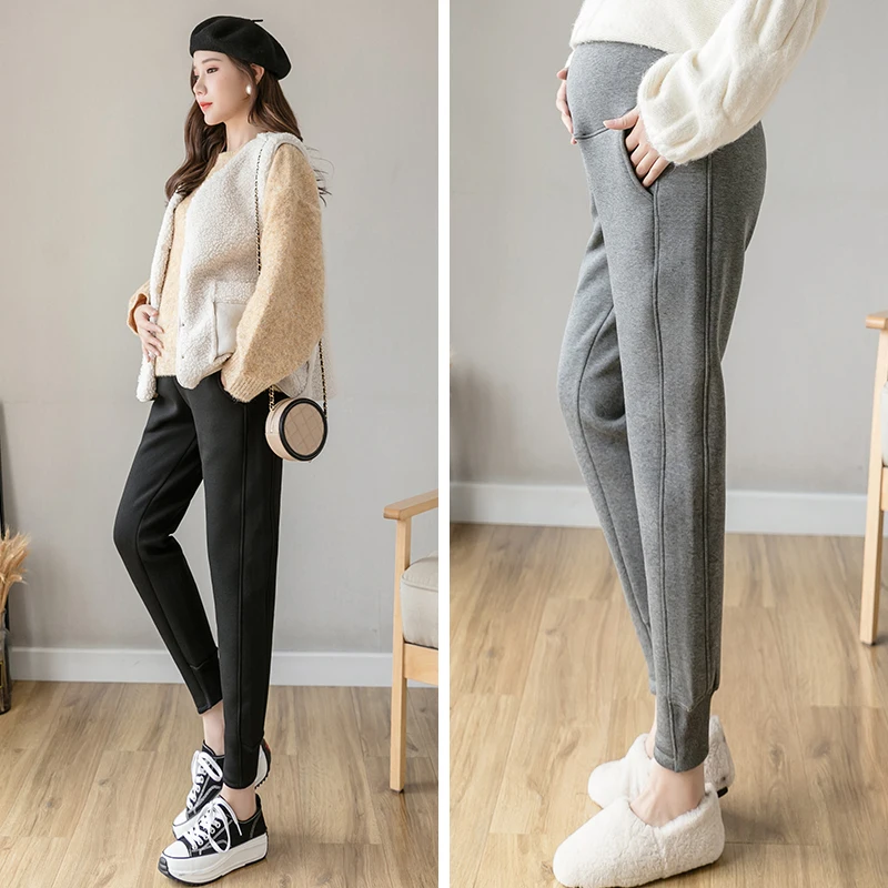 

2918 Winter Thicken Warm Plus Velvet Cotton Maternity Pants Sports Casual Thermal Fleece Sweatpants for Pregnant Women Pregnancy
