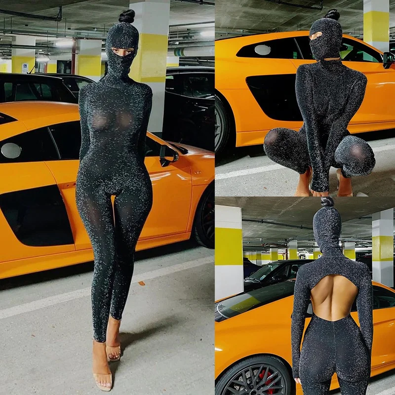 

Блестящий Облегающий комбинезон с капюшоном, женский сексуальный Облегающий комбинезон с длинным рукавом и открытой спиной, модная улична...