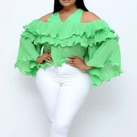 women sexy green chiffon blouse falbala long sleeve pullover top western fashion office lady african female young autumn new
