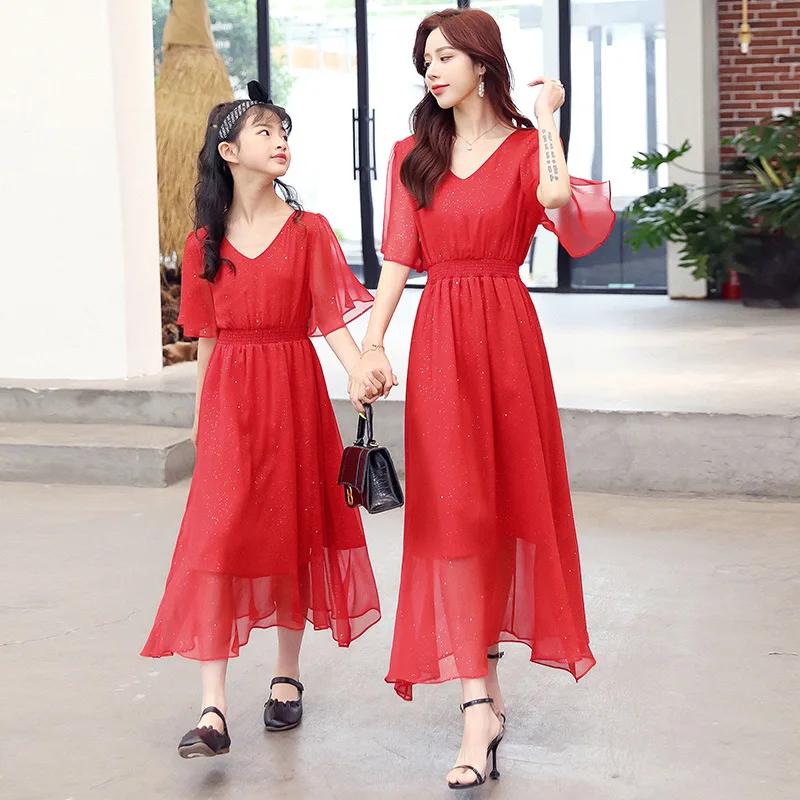 WLG подходящая одежда для мамы и дочки я летние красные синие сетчатые Платья с