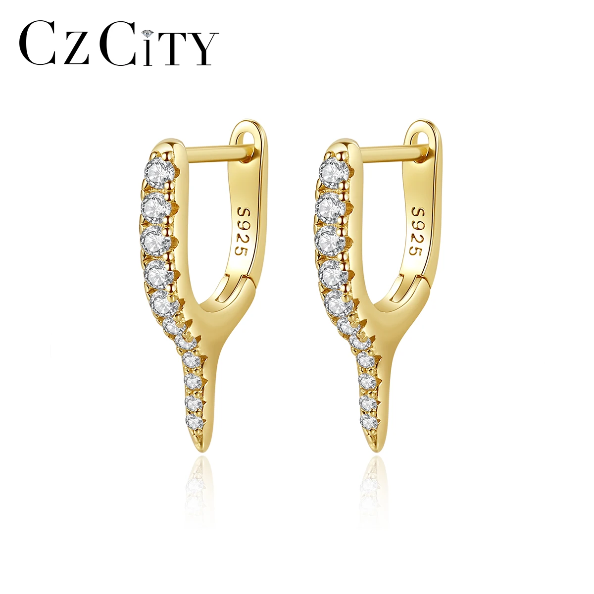 

CZCITY 925 Sterling Silver Golden Hoop Earrings for Women Fine Jewelry Rivet Circle Huggies Full CZ Brincos Femme Christmas Gift
