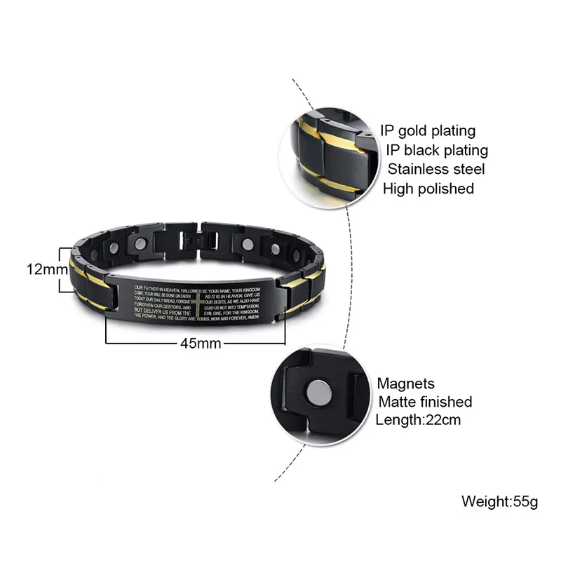 Мужской браслет Vnox из нержавеющей стали с выгравированным крестом био энергией и