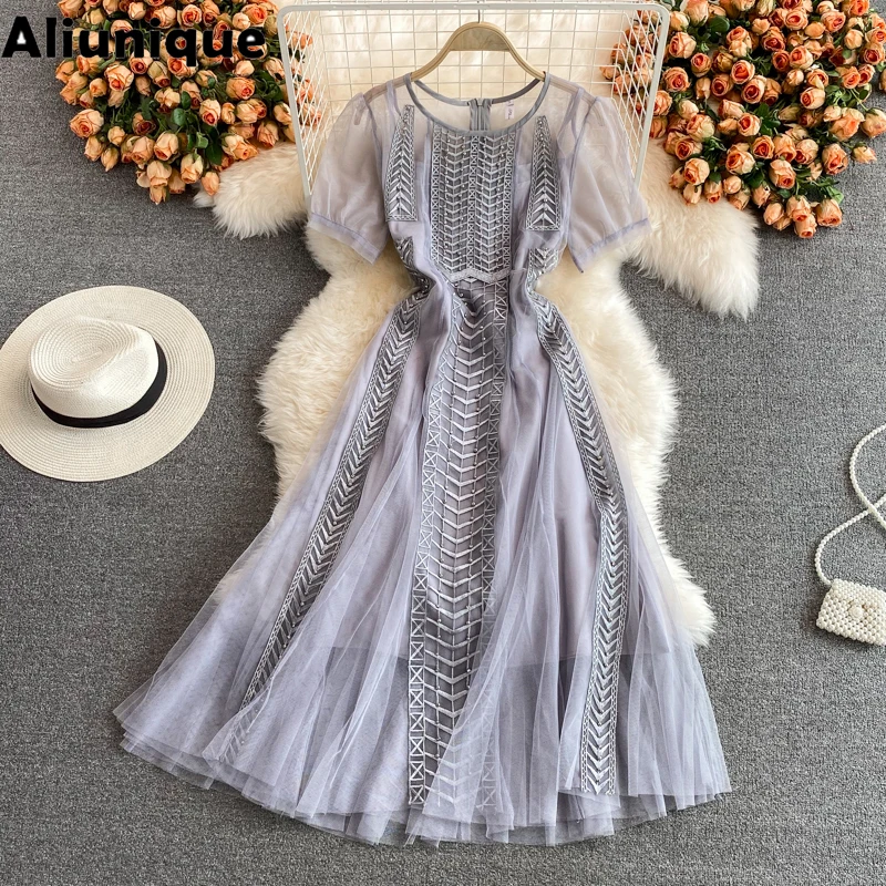 

Aliunique Trendy New Embroidered Mesh Dress For Women 2021 Summer Fashion Leisure Ruffle Temperament Vacation Lady Party Dress