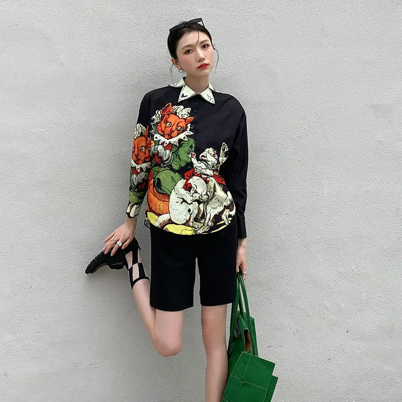 

Kimotimo Women Graphics Shirt Ins Designer Multi-layer Printing Vintage Loose Single Breasted Long-sleeved Tops Summer Artistic