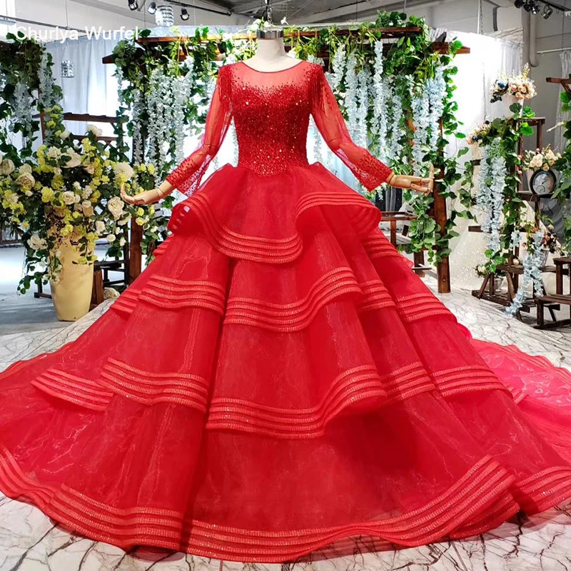 HTL835 красное вечернее платье для невесты многослойное со шлейфом о образным