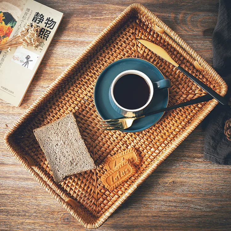 

Afternoon Tea Tray Rattan Creative Serving Coffee Breakfast Wood Tray Food Snack Plateau De Service Tea Accessories DE50CP