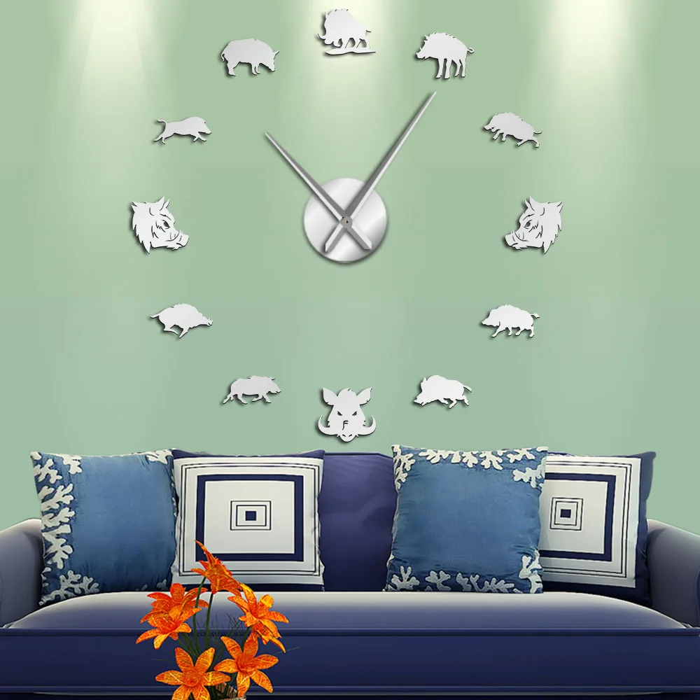 Sus Scrofa кабан фигурки настенные художественные зеркальные наклейки DIY гигантские настенные часы Дикая свинья большие подвесные часы настенные часы Охотник подарки