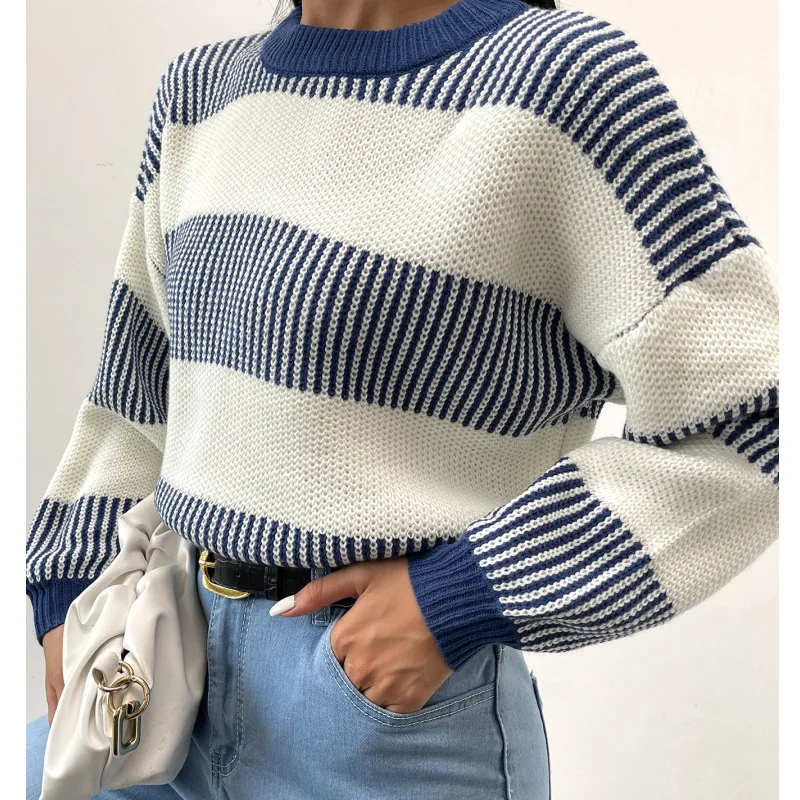 

Женский вязаный свитер, Полосатый пуловер с круглым вырезом, Женский Топ с длинным рукавом, Повседневная Свободная осенняя одежда для женщи...