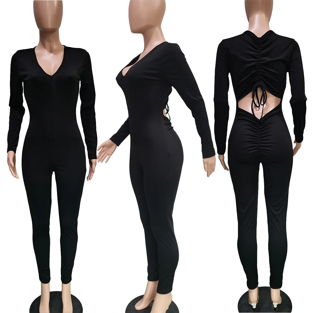 Sexy Backless Lace Up Ruched Jumpsuit Stretchy Sporty Long Sleeve Skinny Workout Active Wear Solid One Piece Overalls Female