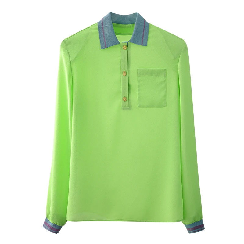

[DEAT] Solid Green Long Sleeve Square Thick Shoulder Line Contrast Color Half Cardigan Polo Shirt Women 2021 Summer GX1230