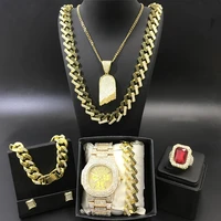 luxury men gold color watch neckalce braclete ring earrings combo ice out cuban jewerly crystal miami neckalce for men