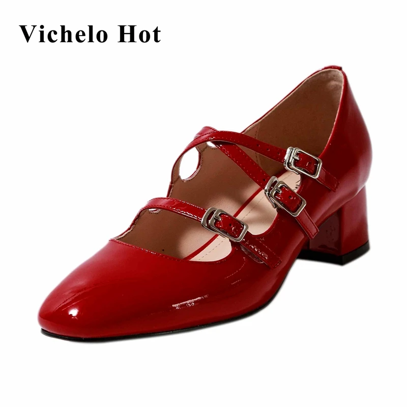 Vichelo/Популярные винтажные женские туфли лодочки из кожи с натуральным лицевым
