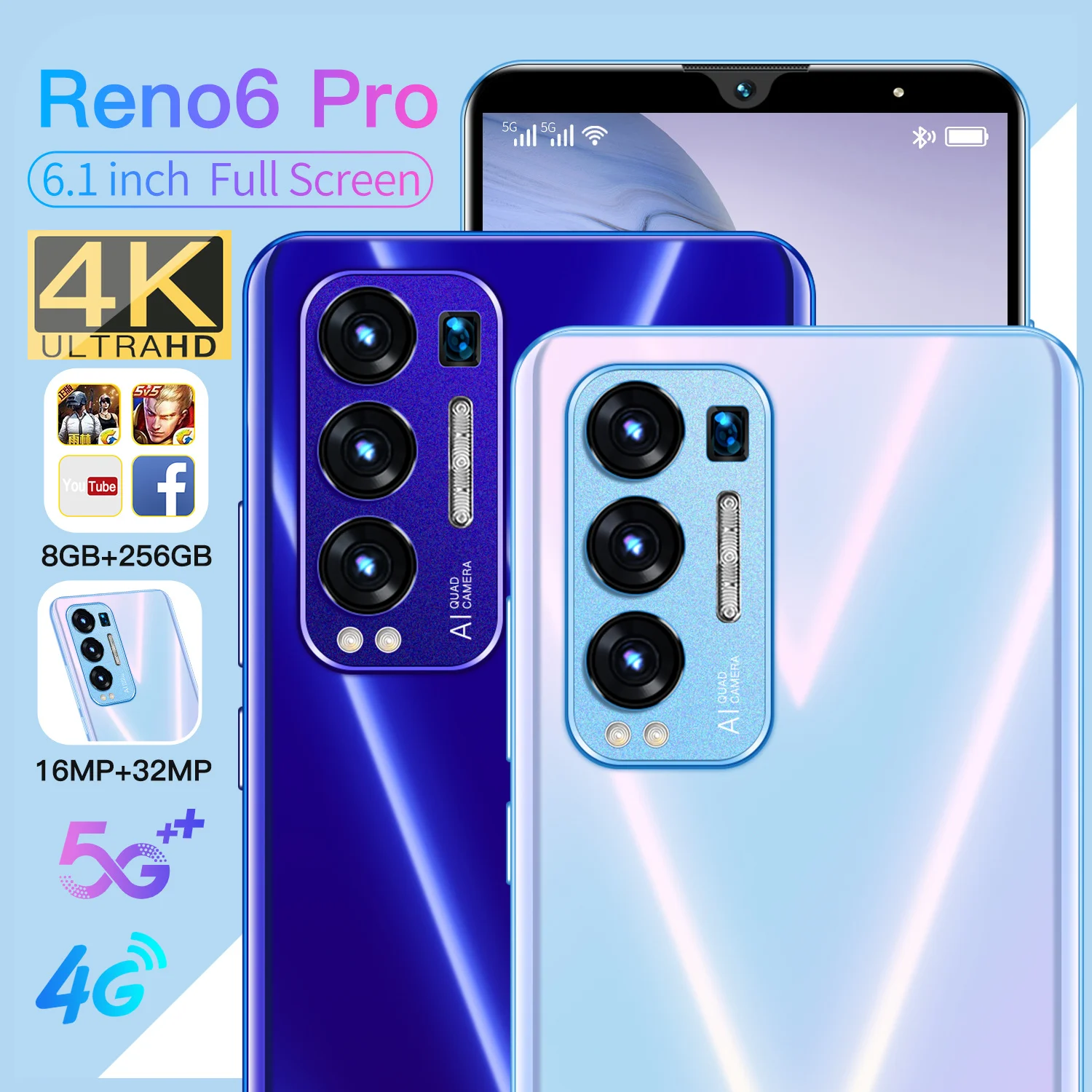 

2021 New Arrival Reno6 Pro 5G Mobile Phone 6.1Inch Full Screen 8+256GB 4800MAH Battery 16+32MP MTK6797 10Core Dual SIM Face ID