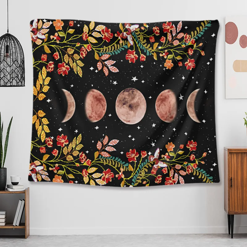 

Nordic Moonlit Garden Printed Tapestry Starry Sky Flower Vine Landscape Home Decor Tapestry Wall Hanging 130*150/150*200cm Black