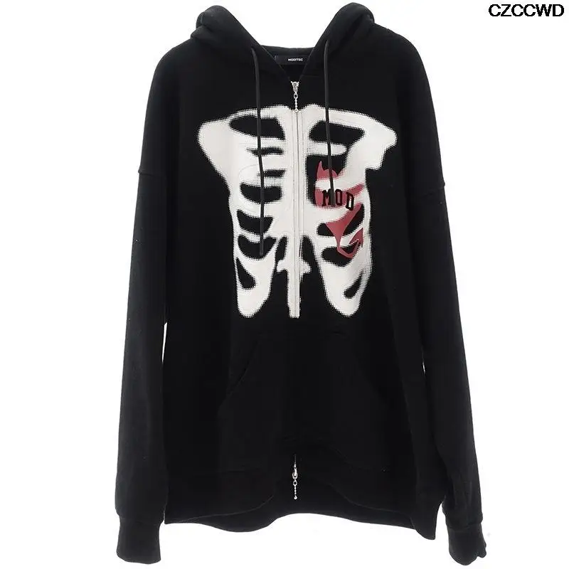 

Zip-up Fashion Y2k Korean Style Loose Aesthetics Skull Print Goth Grunge Hooded Long-sleeved Coat Black Retro Shirt Hoodie Tops