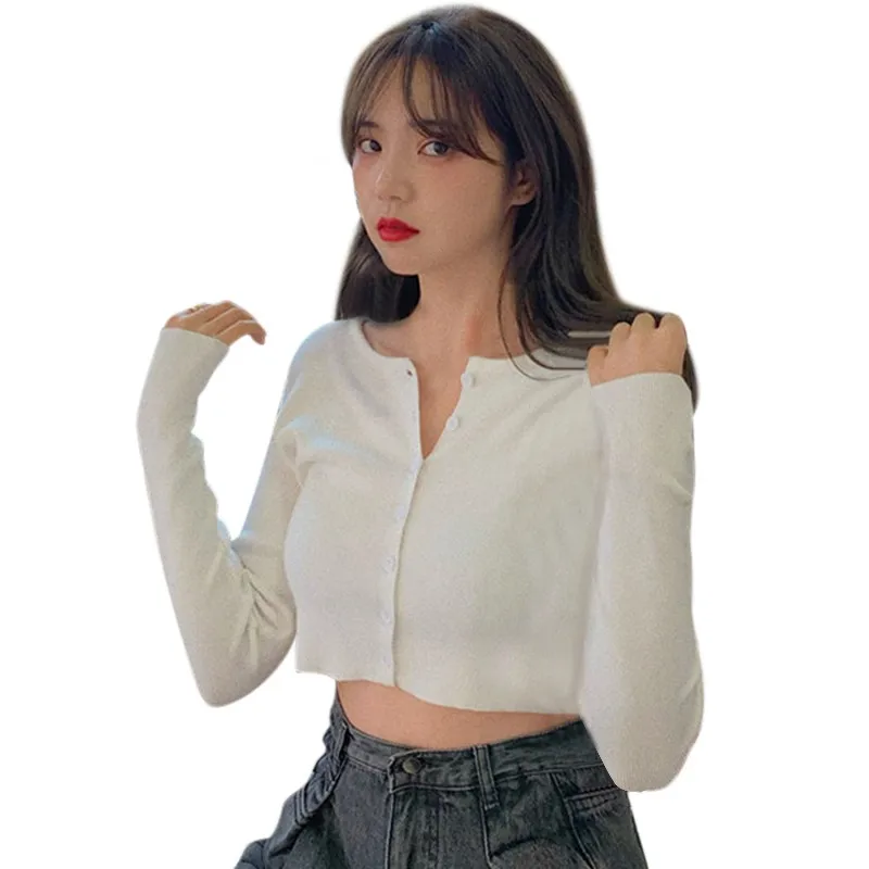 

Women's Knitted Cardigan Sexy Solid Color T-shirt Short 2021 Spring and Summer V-neck Fashion Leisure Long Sleeve Women's Top