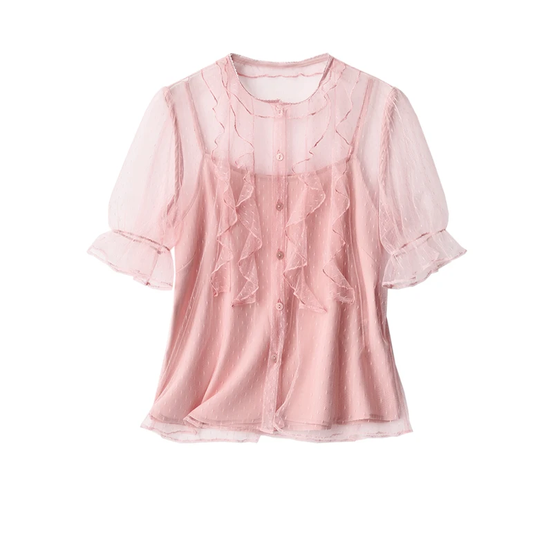 

SHUCHAN Thin Button Up Shirt Summer Green Pink Ruffled Women Shirts Blouses STREETWEAR Synthetic Fiber SHORT Sleeve