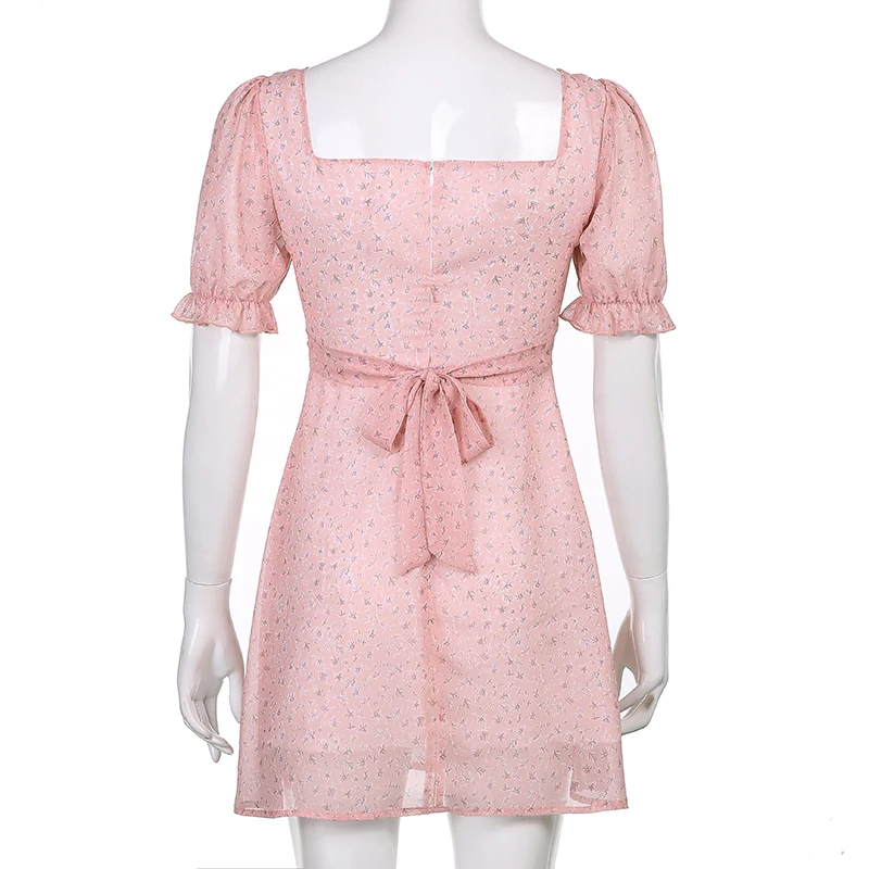 

Rapcopter Floral Print Mini Dress Double Layer Dress Tie Up Sundrss Vintage Puff Sleeve Short Dress Summer Beach Dress Korean