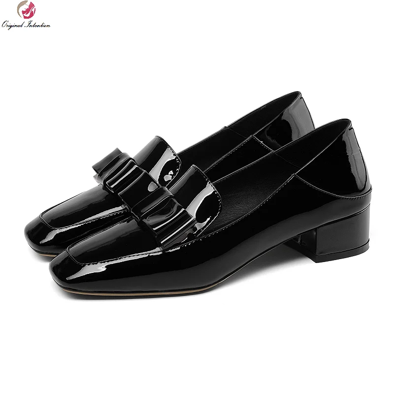 

Women Pumps Square Toe Chunky High Heels Fashion Vintage Slip On Woman Shoes Office Career Lady Leather Footwear Plus Size 33-42