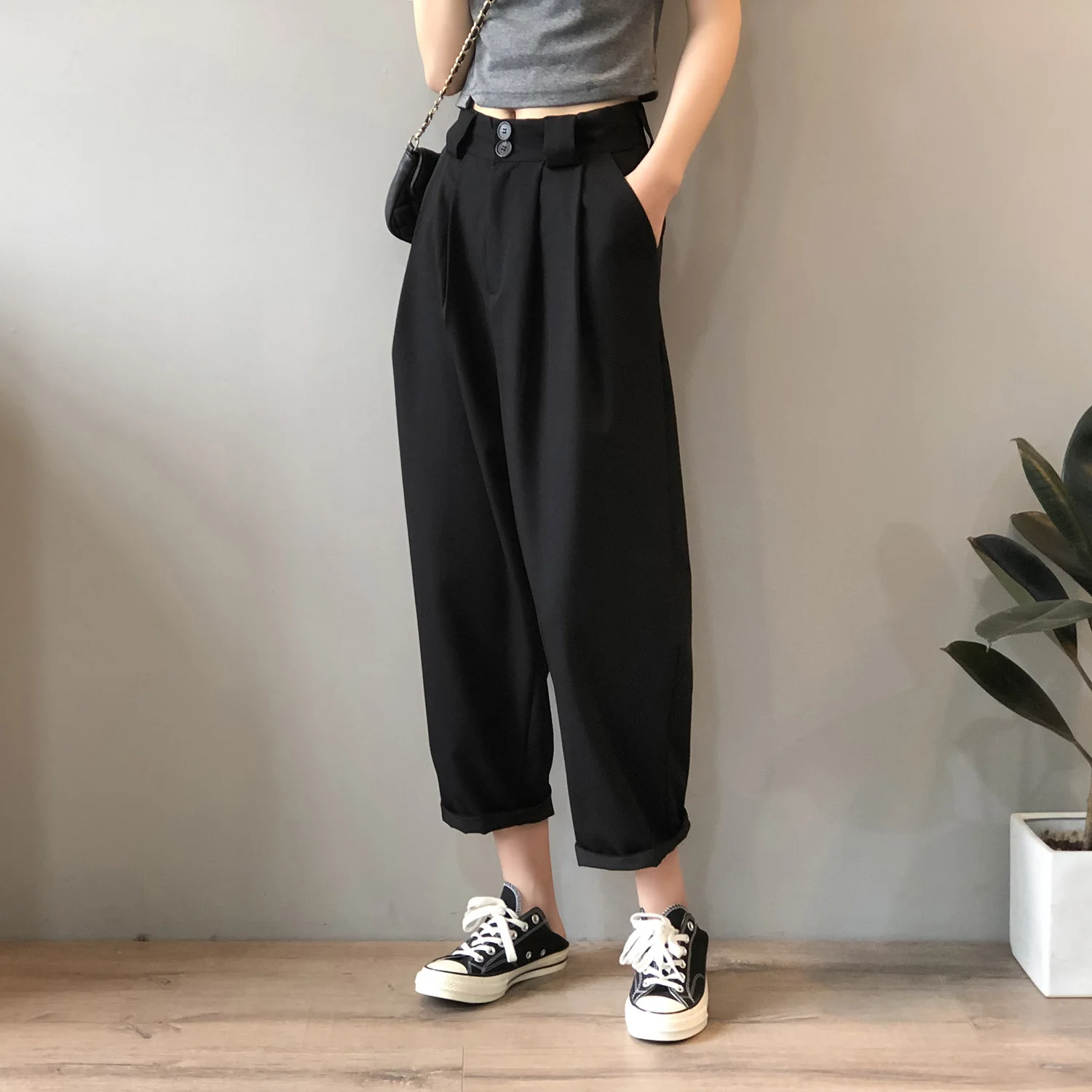 

Drape Women Pants Casual Solid OL Style Suit Pants High Waist Loose Female Pants Wide Leg Straight Trouser Ankle Length