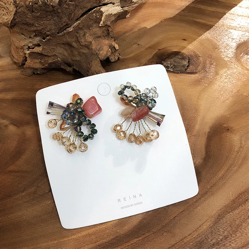 Korean Retro Style Super fairy temperament wild color crystal tassel bow earrings For Female Accessories