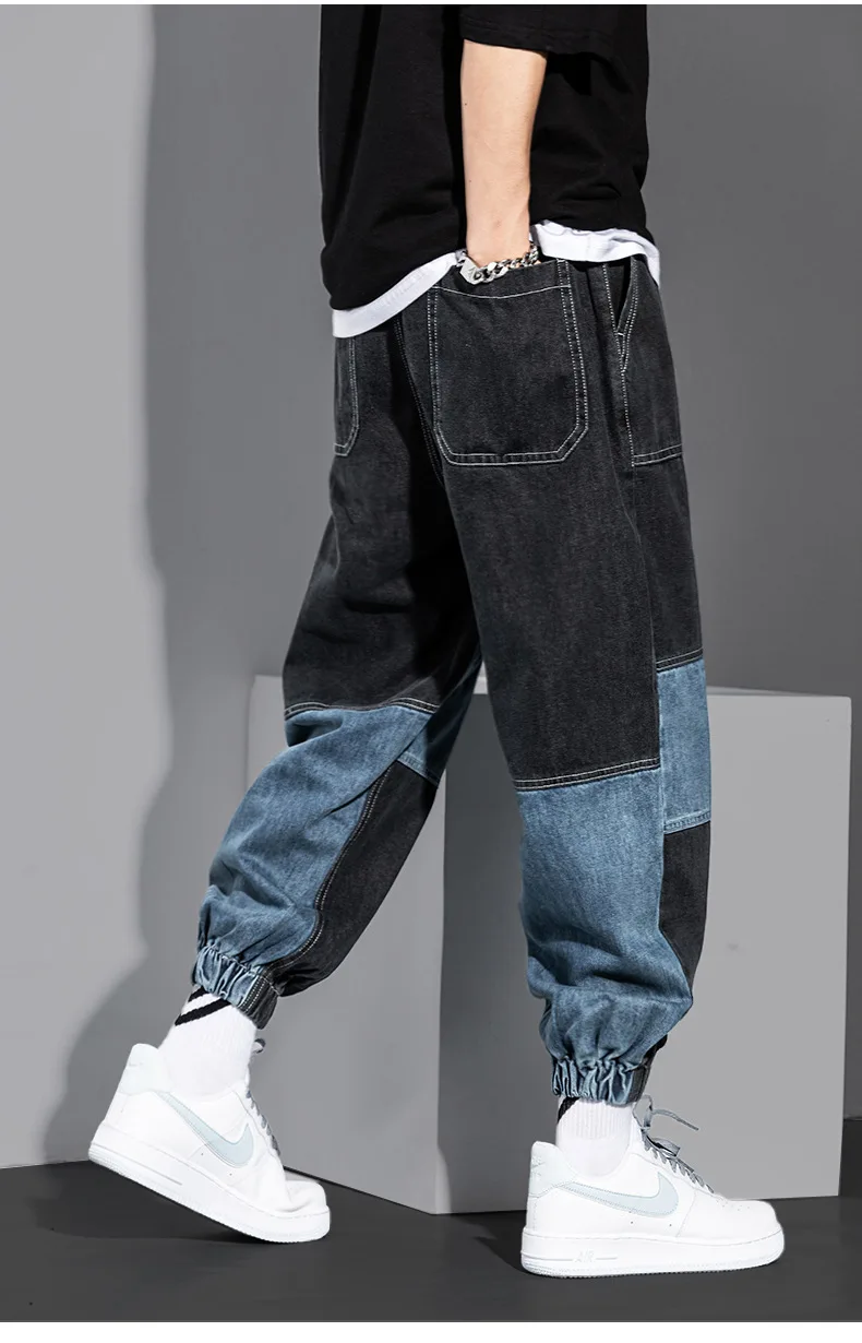 

Mens street wear New Style Men Tooling Jeans Retro Patchwork Water Wash Casual Pants Male Loose Harem Trousers