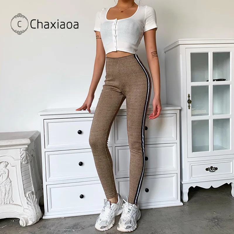 CHAXIAOA серые белые клетчатые брюки женские спортивные с полосками по бокам