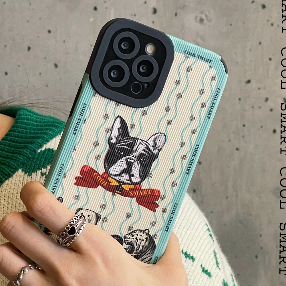 

Striped Back Cute Bulldog Animals Phone Case for iPhone 11 12 13 Pro X XS Max XR Drop Protection Airbag Corner Soft Cover Shell